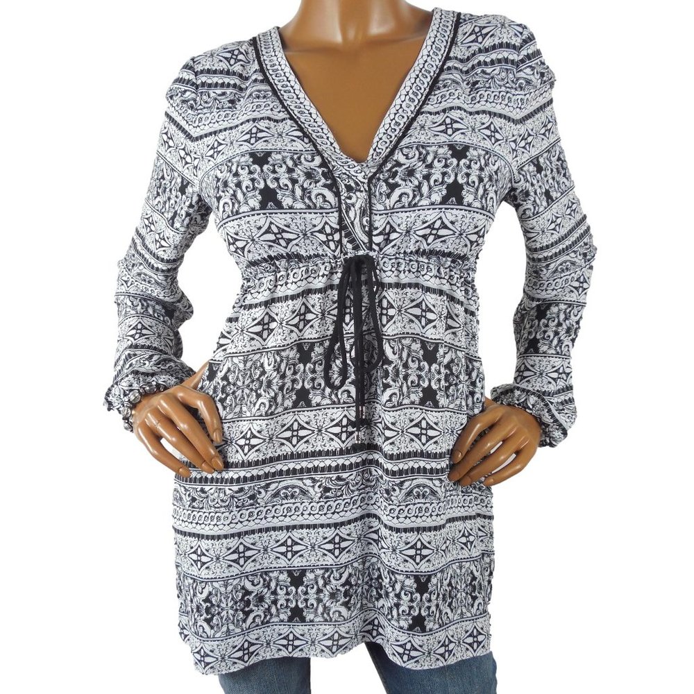 WHITE HOUSE BLACK MARKKET Top M Casual Print Tunic Shirt Drawstring Tie Blouse - Picture 2 of 12